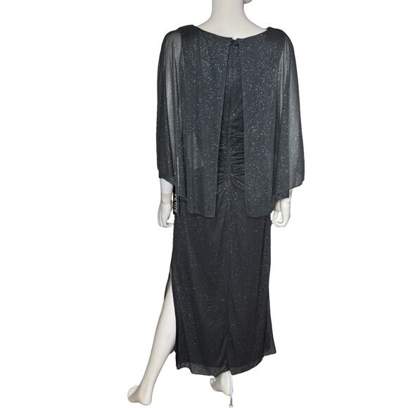 SL Fashions Women's Sparkle Mesh Capelet Ruched Gown Smoke Sz 8P Petite - Picture 4 of 9